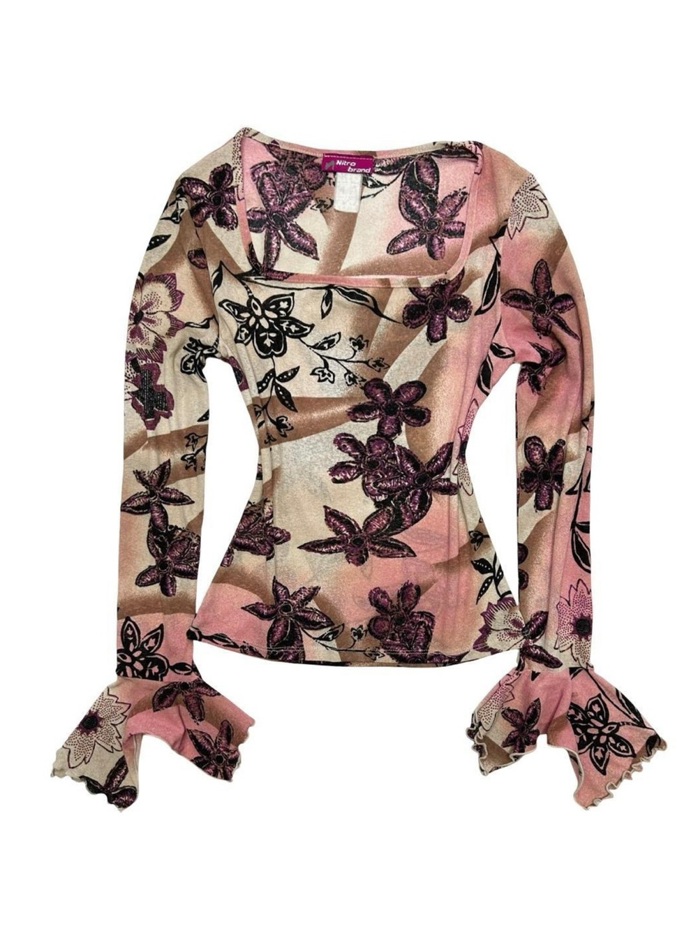 Vintage 90s/2000s Fairy Grunge Floral Mesh Square Neck Long Sleeve Top
